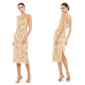 Mac Duggal Sequin Square Neck Embellished Dress In Nude Gold Size 10 NWT